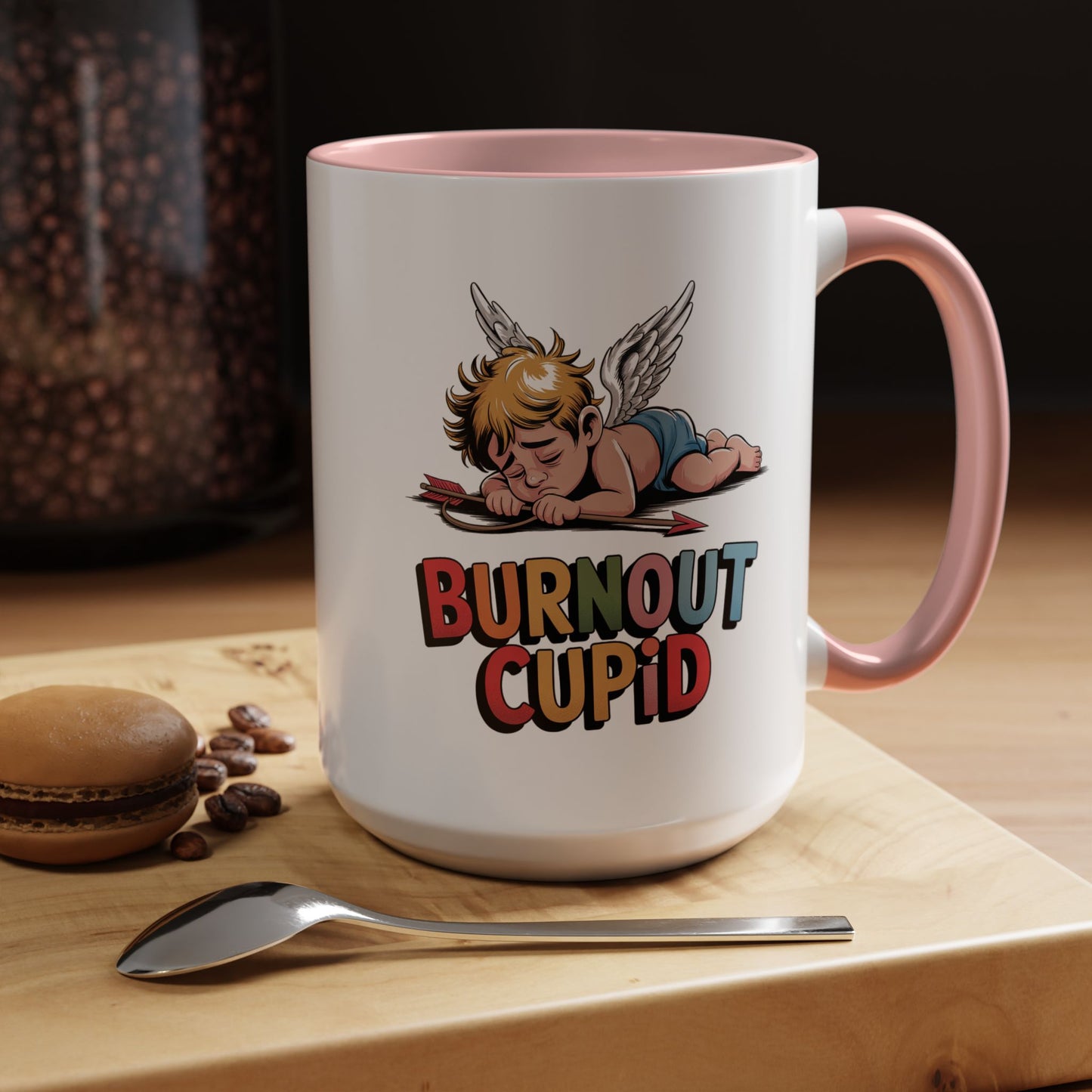 Burnout Cupid Coffee Mug — Cute Tired Cupid Accent Mug (11/15 oz)