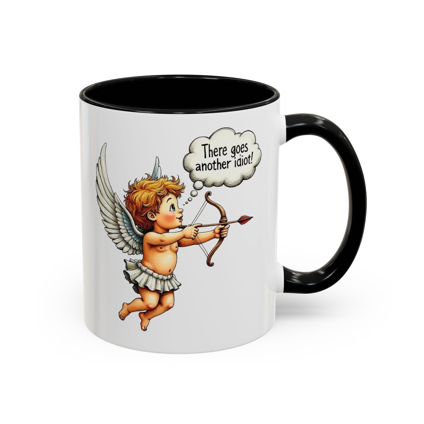 Cupid Coffee Mug — Vintage Cherub Saying "There goes another idiot!" Accent Mug