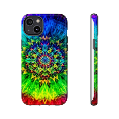 Funda resistente para teléfono con diseño de mandala psicodélico: protección vibrante con efecto tie-dye