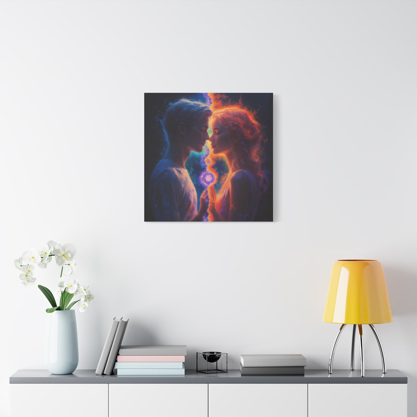 Yin Yang Lovers Matte Canvas Art — Romantic Blue & Orange Couple Wall Decor