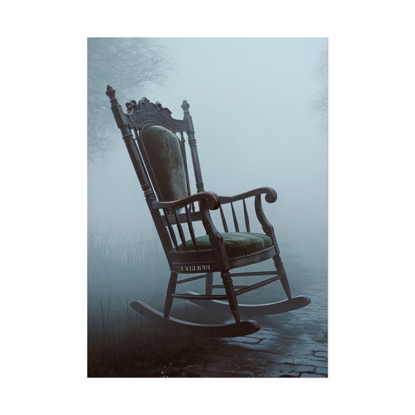 Vintage-Schaukelstuhl-Poster – Stimmungsvolles, nebliges Cottage-Wandbild (gerolltes Poster)