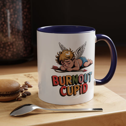 Burnout Cupid Coffee Mug — Cute Tired Cupid Accent Mug (11/15 oz)