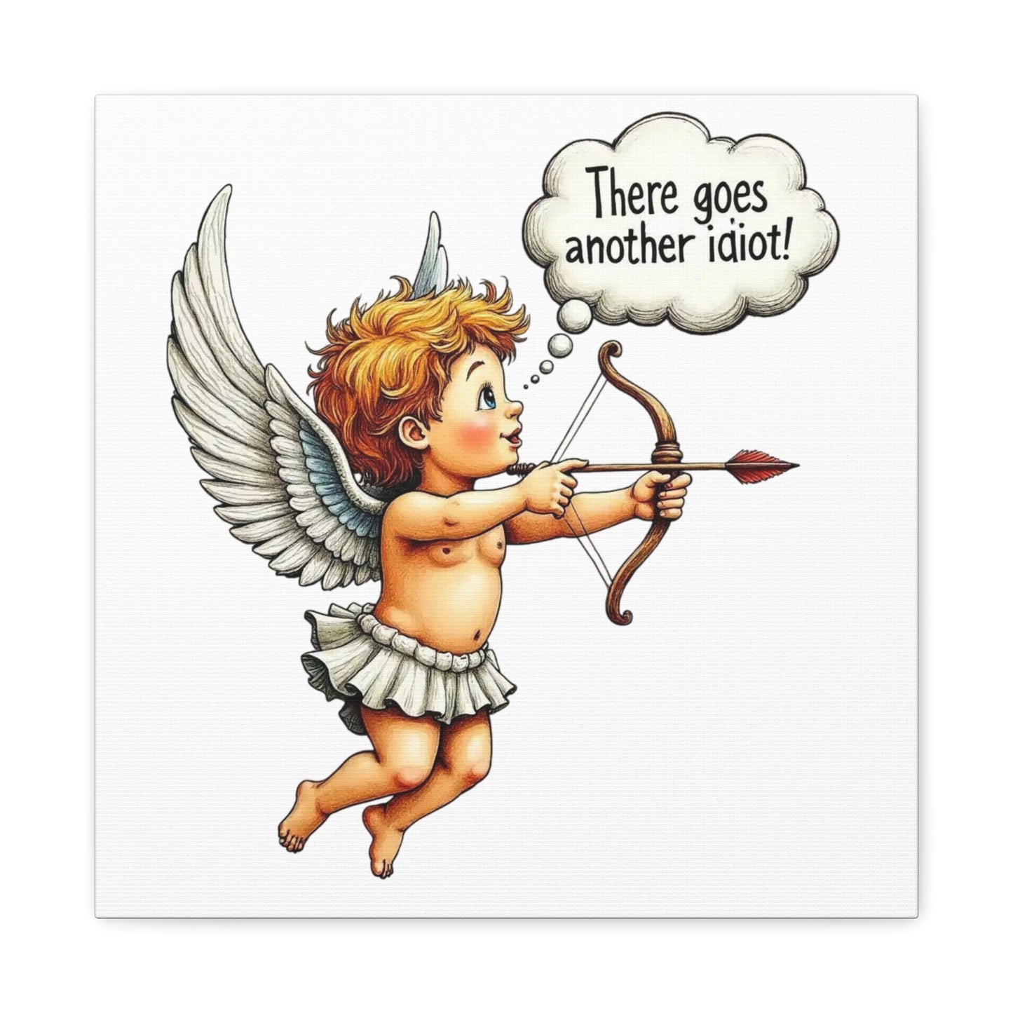 Funny Cupid Canvas Wall Art – 'There Goes Another Idiot!' Stretched Matte Canvas