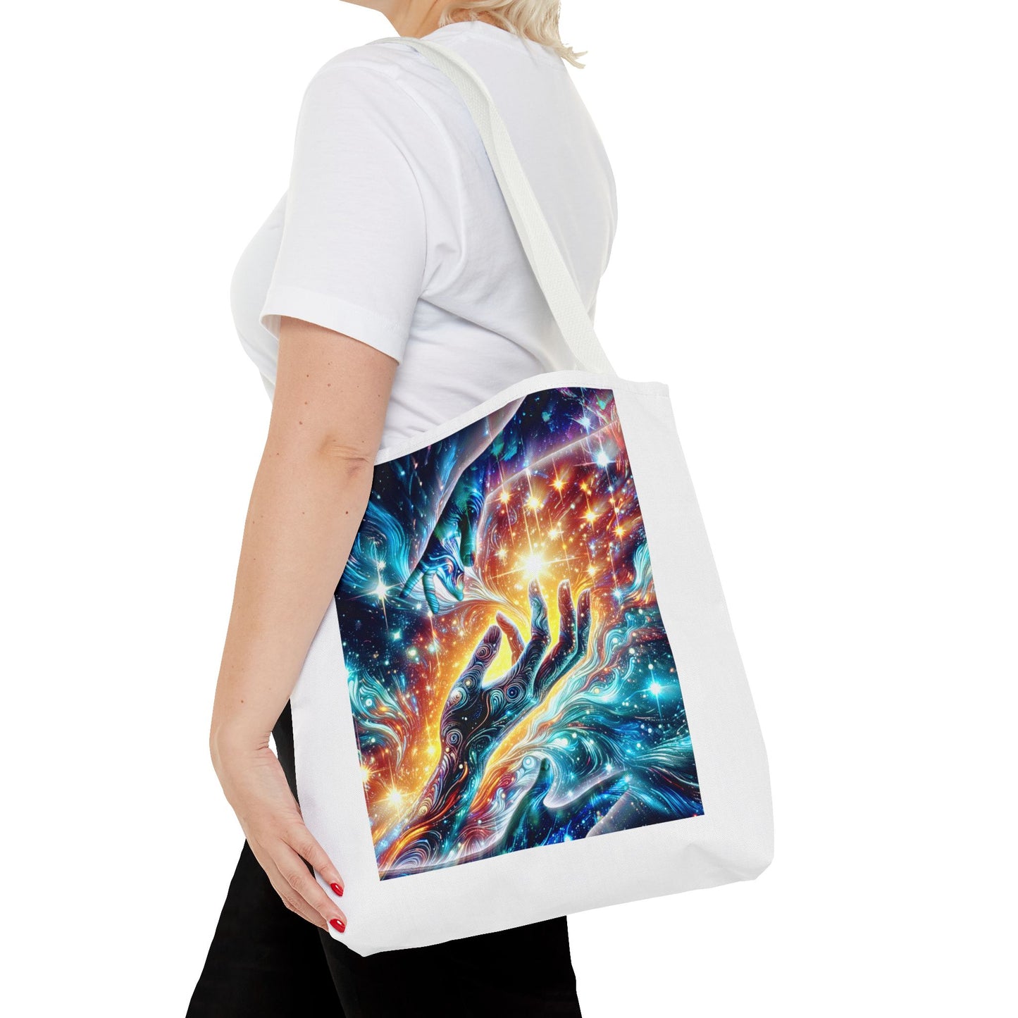 Cosmic Hands Tote Bag — Vibrant Galaxy Art Tote for Everyday, Beach & Gifts