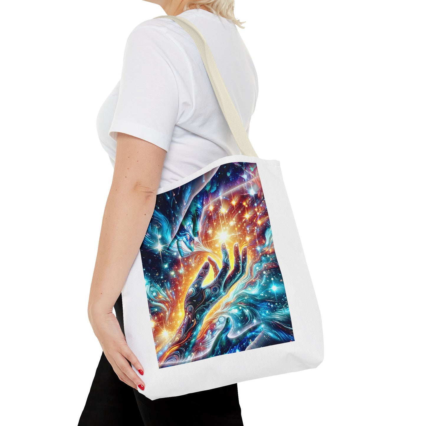 Cosmic Hands Tote Bag — Vibrant Galaxy Art Tote for Everyday, Beach & Gifts