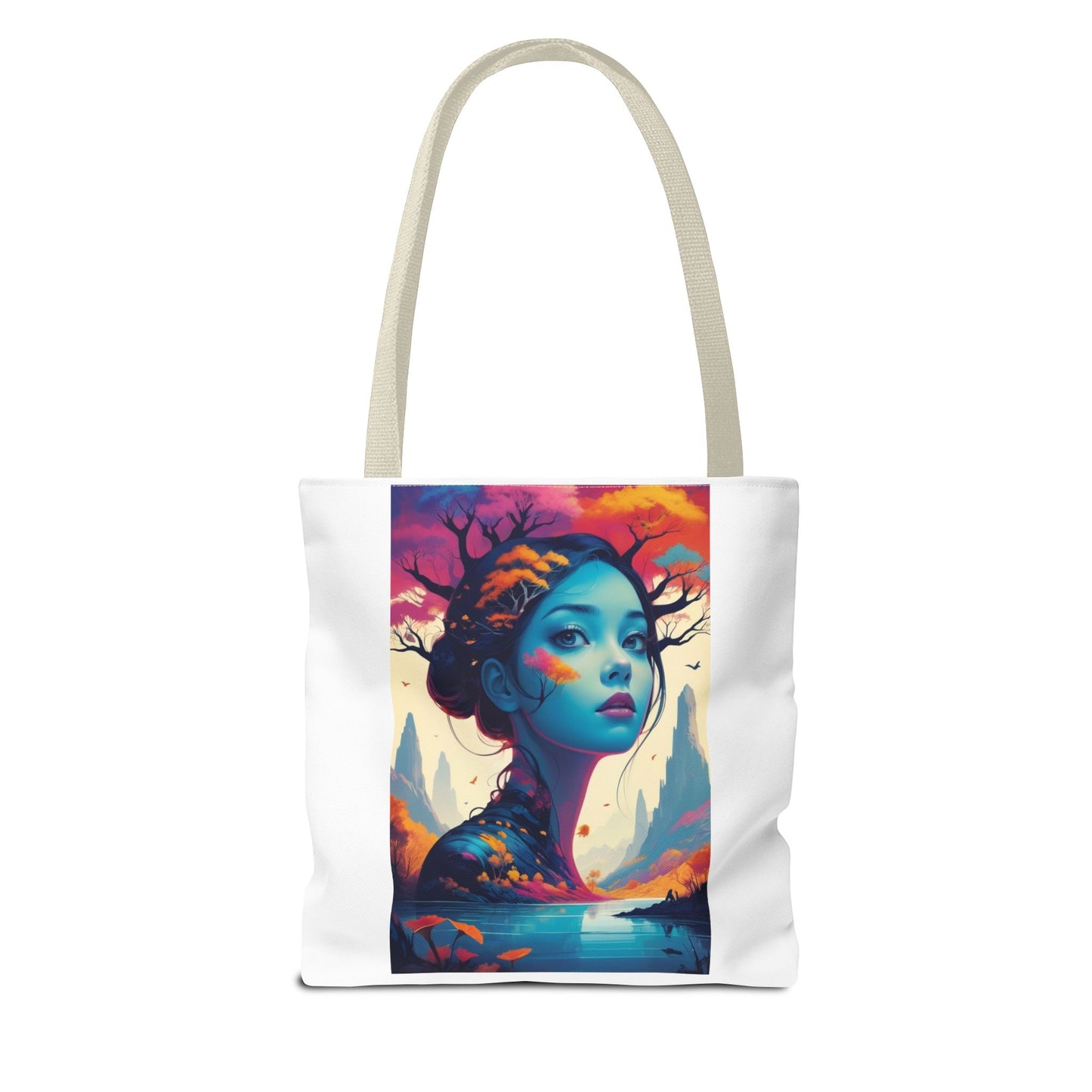 Artistic Blue Forest Maiden Tote Bag - Surreal Portrait All-Over Print