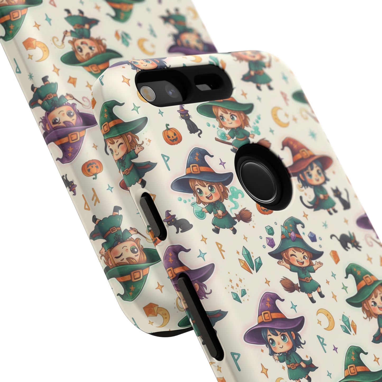 Google Phone - Cute Halloween Witch Phone Case – Cartoon Witches, Black Cats & Pumpkins