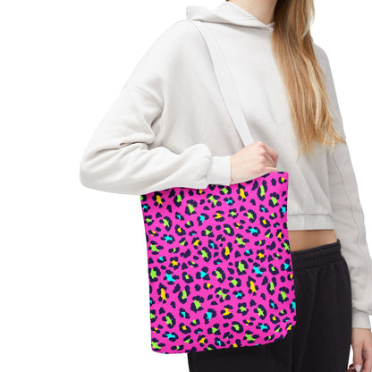 Pink Neon Leopard Print Tote Bag — Bold Animal Print Shopper