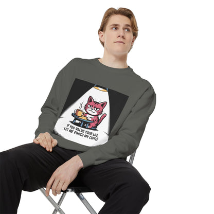 Lustiges Katzen-Sweatshirt – „Wenn dir dein Leben lieb ist, lass mich meinen Kaffee austrinken“ – Kuscheliger Pullover mit Grafikprint
