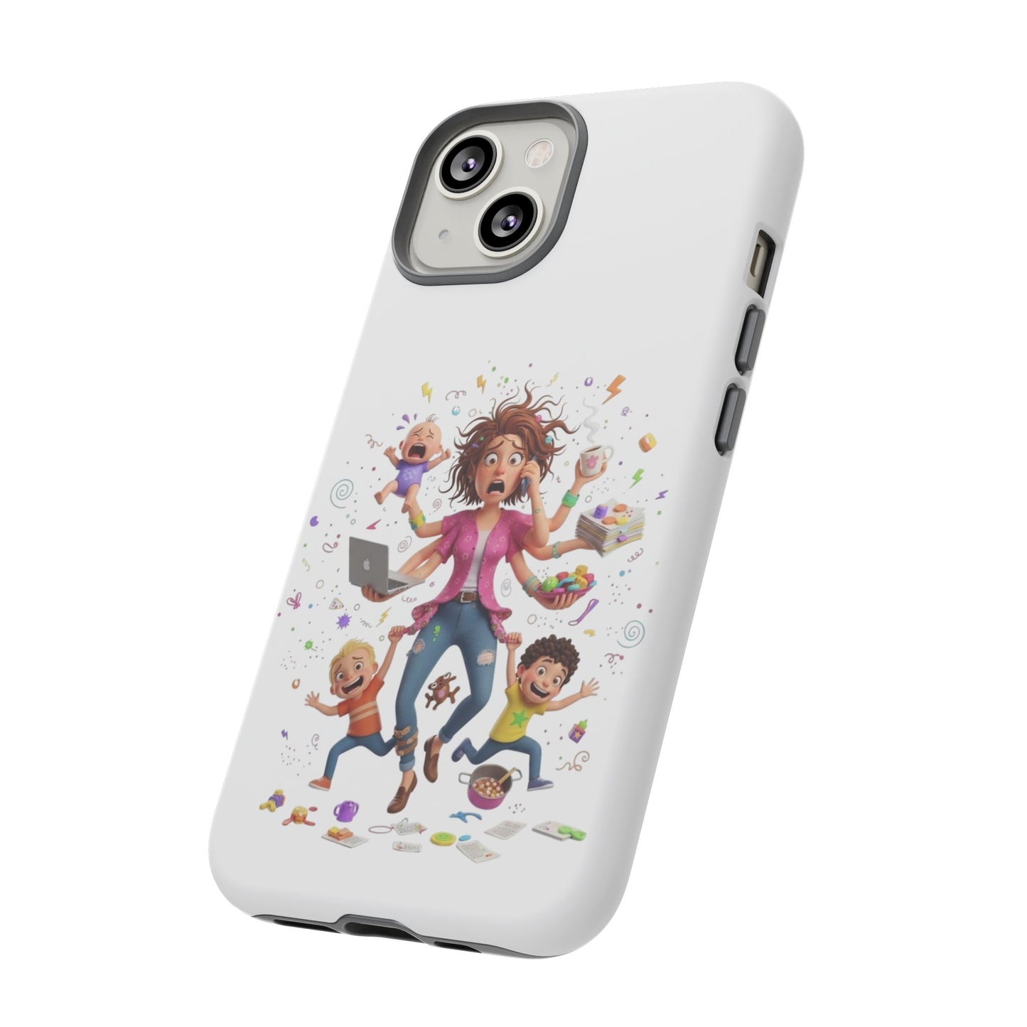 iPhone Phone Case — Hectic Mom Cartoon Design (Multitasking Mother, Kids & Chaos)