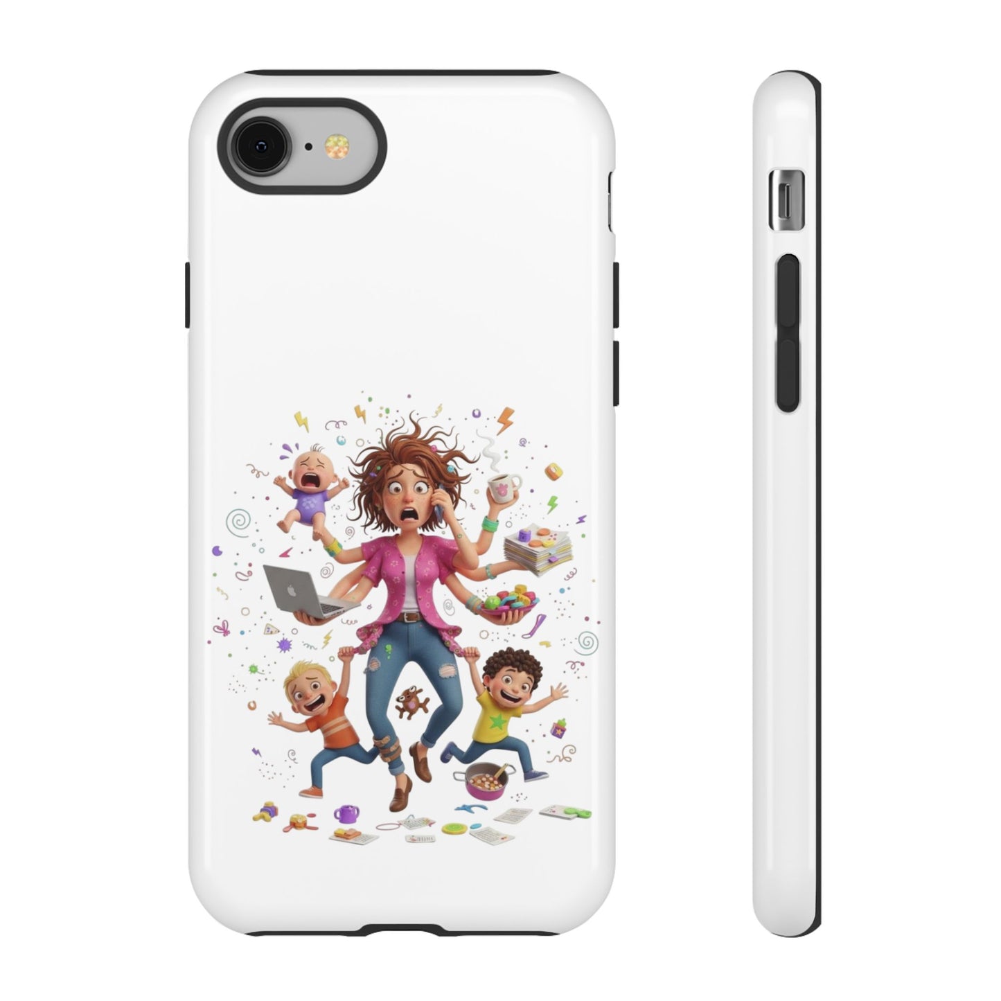 iPhone Phone Case — Hectic Mom Cartoon Design (Multitasking Mother, Kids & Chaos)