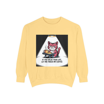 Lustiges Katzen-Sweatshirt – „Wenn dir dein Leben lieb ist, lass mich meinen Kaffee austrinken“ – Kuscheliger Pullover mit Grafikprint