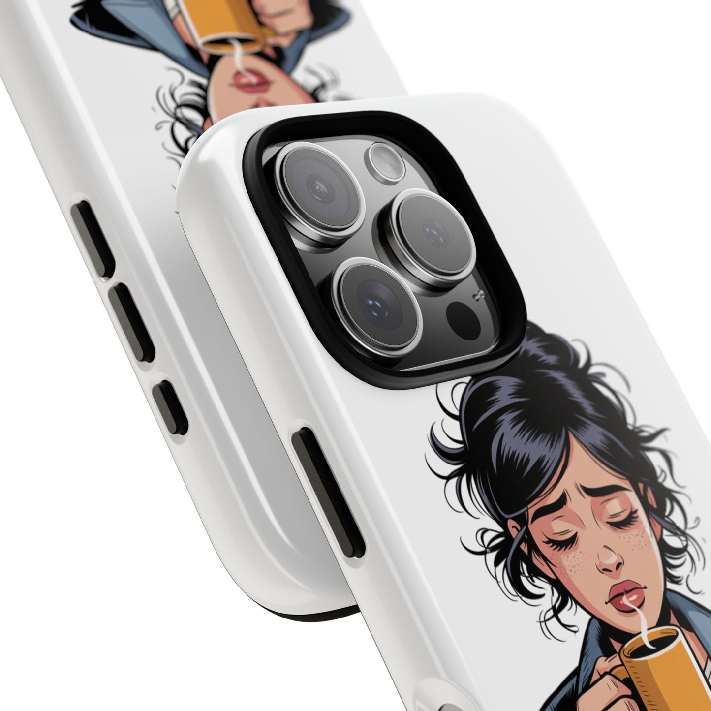 iPhone Phone Case — "First Coffee, Please" Woman Holding Mug, Funny Morning Coffee Gift