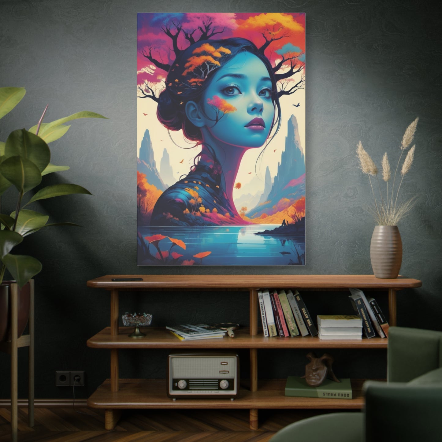Surreal Blue Muse Matte Stretched Canvas Art — Dreamscape Portrait Wall Decor