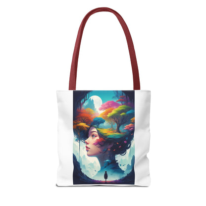 Surreale Traumlandschaft-Tragetasche – Bunte Frau &amp; Waldmotiv