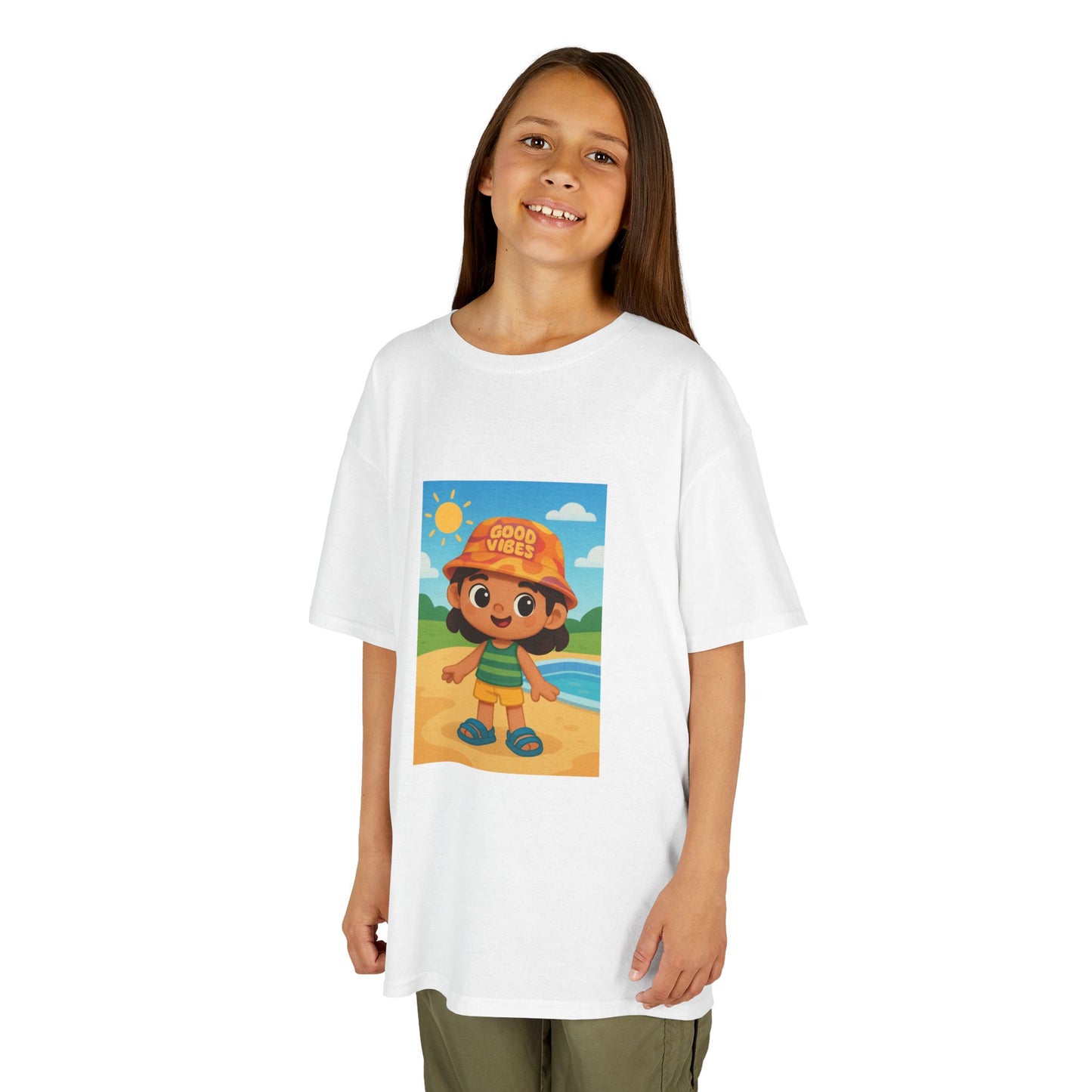 Kids Tee — Cute Beach Kid Graphic "Good Vibes" Summer T‑Shirt