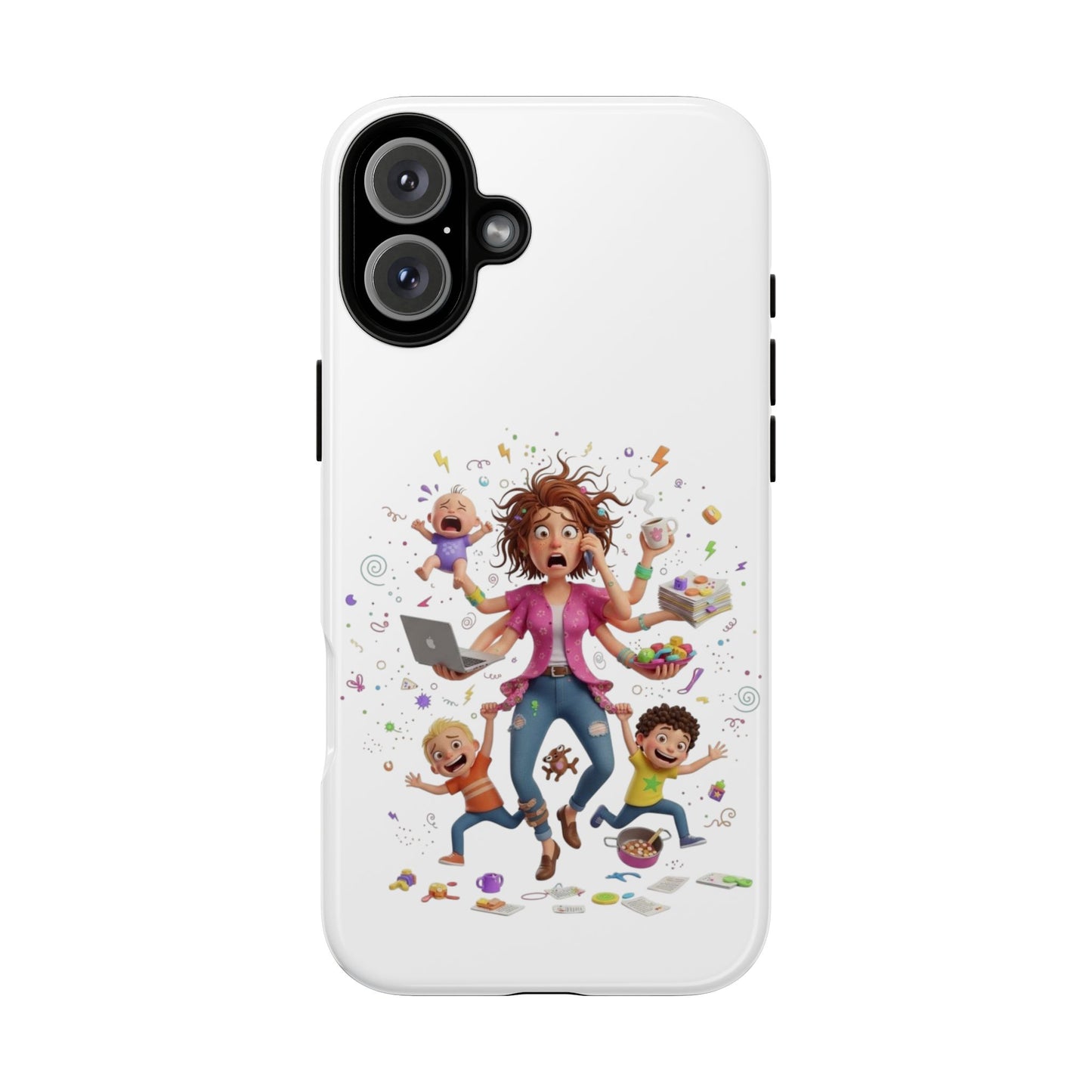 iPhone Phone Case — Hectic Mom Cartoon Design (Multitasking Mother, Kids & Chaos)