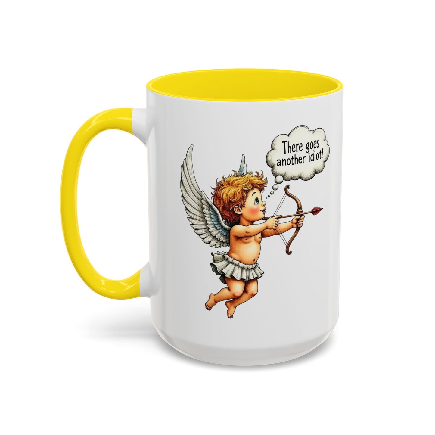 Cupid Coffee Mug — Vintage Cherub Saying "There goes another idiot!" Accent Mug