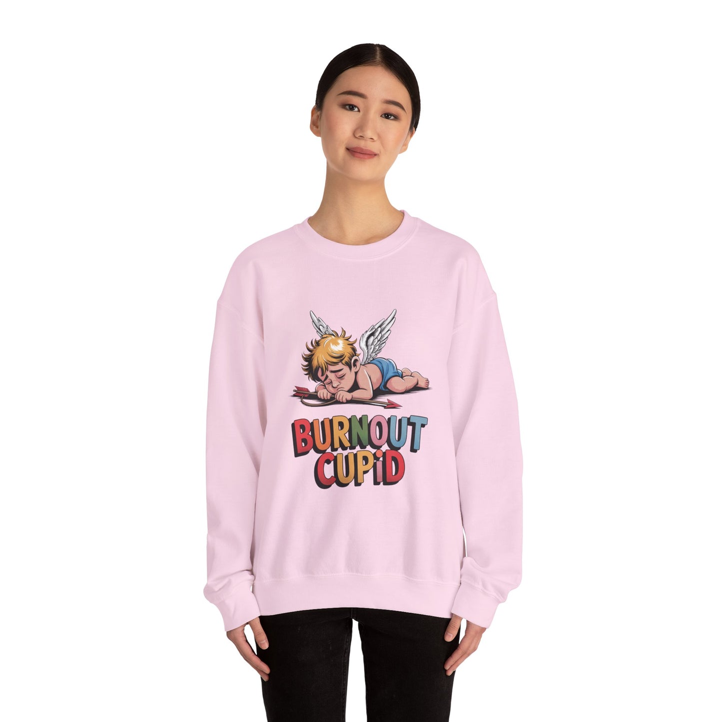 Burnout Cupid Sweatshirt — Tired Cupid Graphic Crewneck for Valentine’s Day