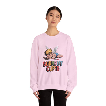 Burnout Cupid Sweatshirt — Tired Cupid Graphic Crewneck for Valentine’s Day