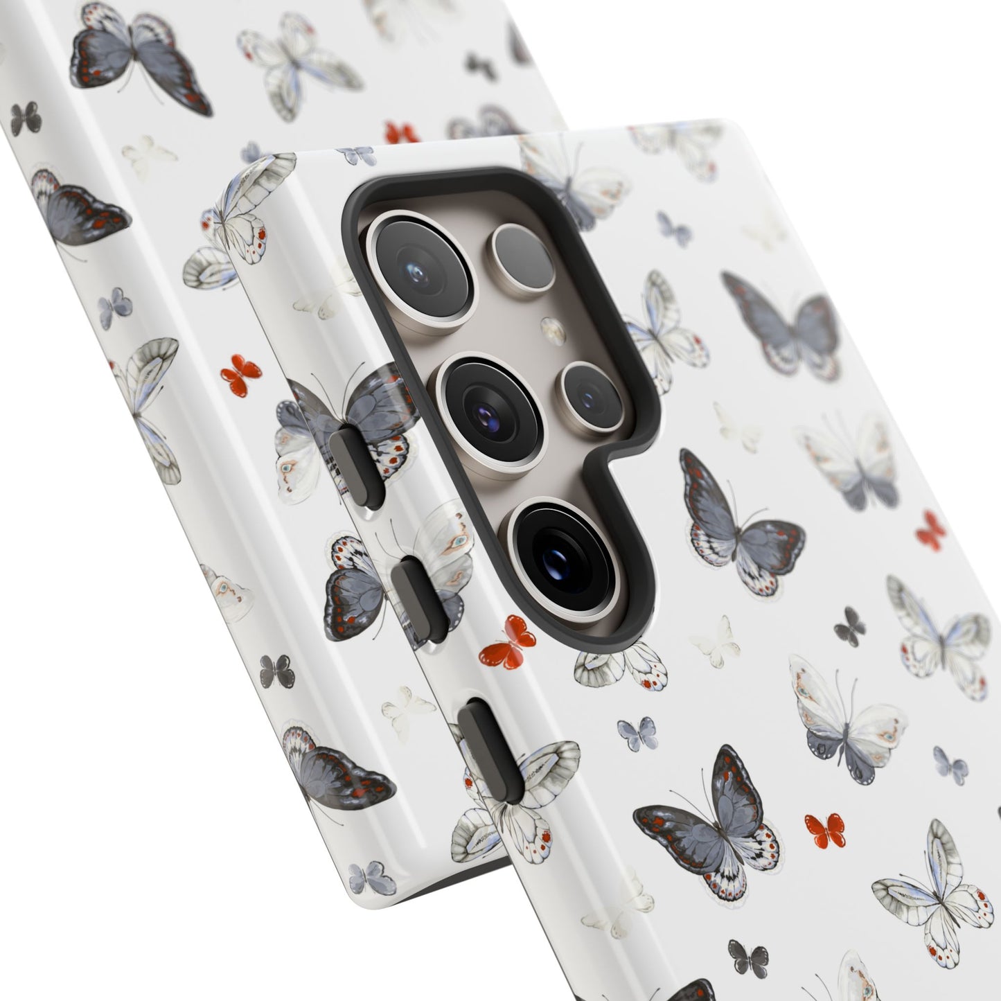 Funda para Samsung con diseño de mariposas: elegante funda protectora monocromática con detalles en rojo