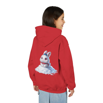 Youth Hoodie — Cute White Bunny in Snowback Graphic