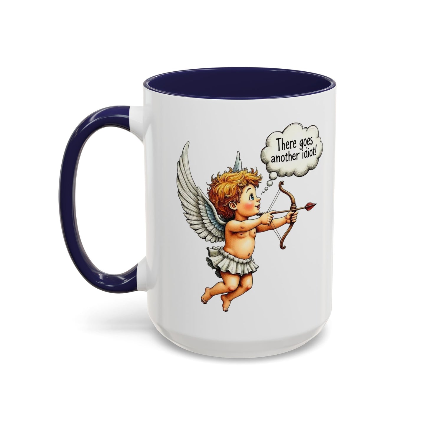 Cupid Coffee Mug — Vintage Cherub Saying "There goes another idiot!" Accent Mug