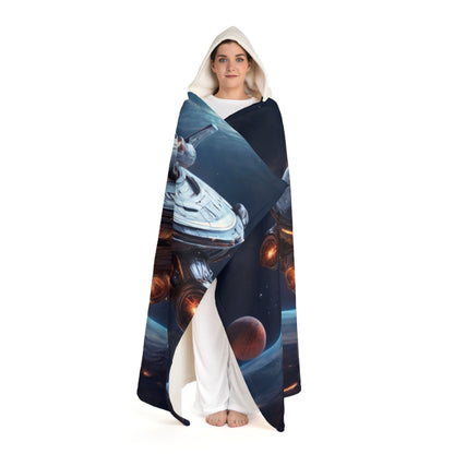 Hooded Sherpa Blanket — Space Galaxy Ship Print Cozy Throw