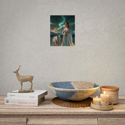 Aurora Guardian Poster – Fantasy-Frau mit weißem Wolf (Wandbild)