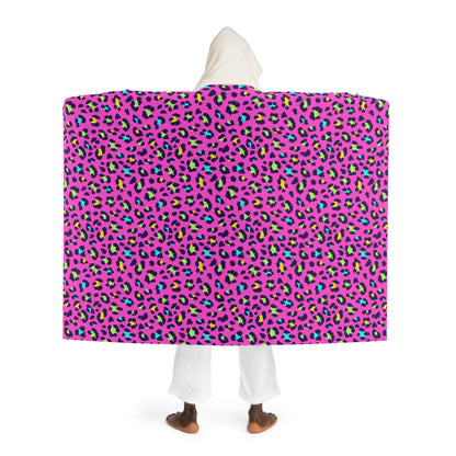 Hooded Sherpa Blanket — Pink Neon Leopard Print Cozy Throw