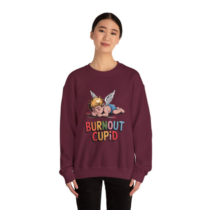 Burnout Cupid Sweatshirt — Tired Cupid Graphic Crewneck for Valentine’s Day