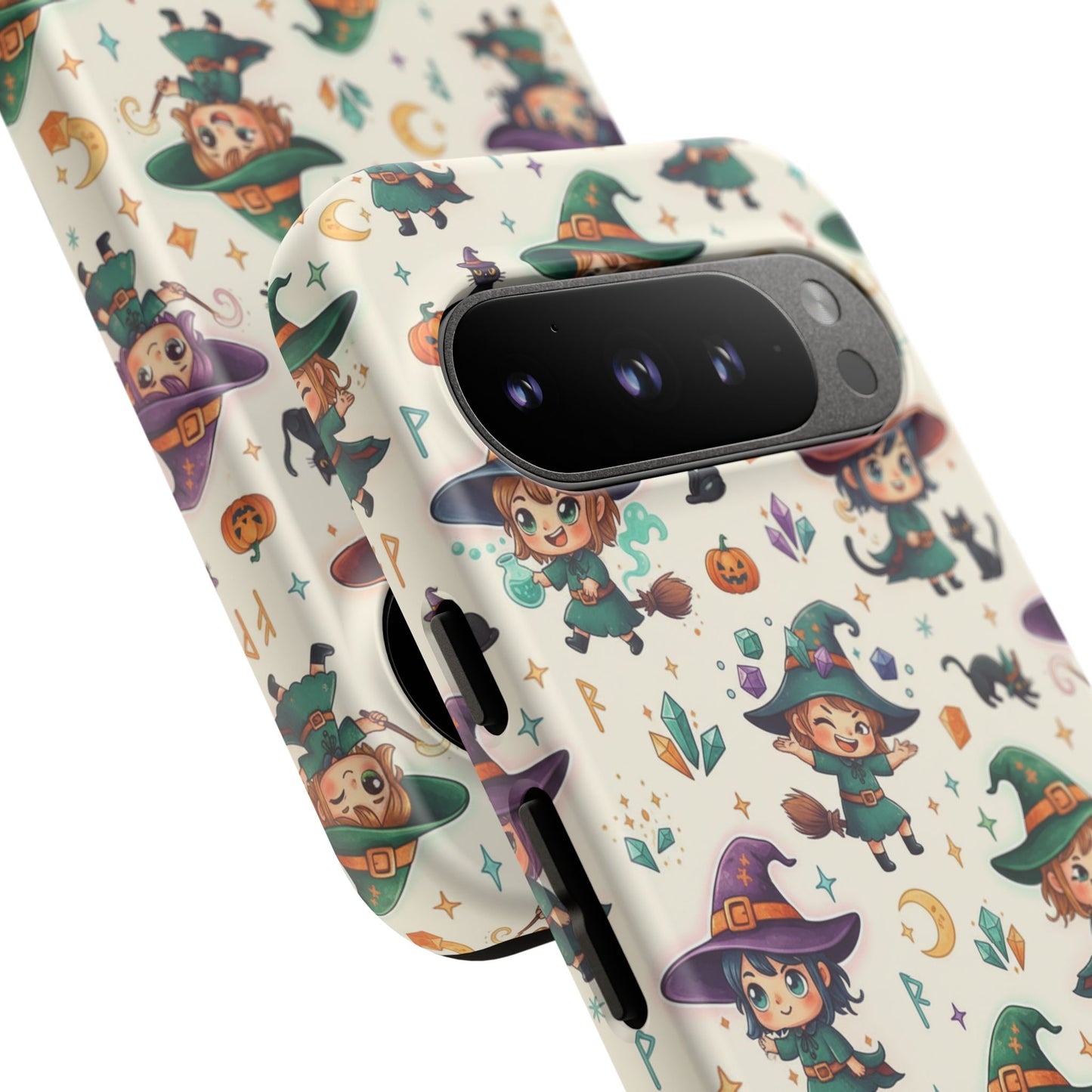 Google Phone - Cute Halloween Witch Phone Case – Cartoon Witches, Black Cats & Pumpkins