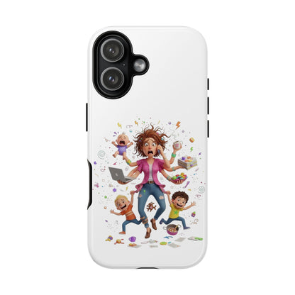iPhone Phone Case — Hectic Mom Cartoon Design (Multitasking Mother, Kids & Chaos)