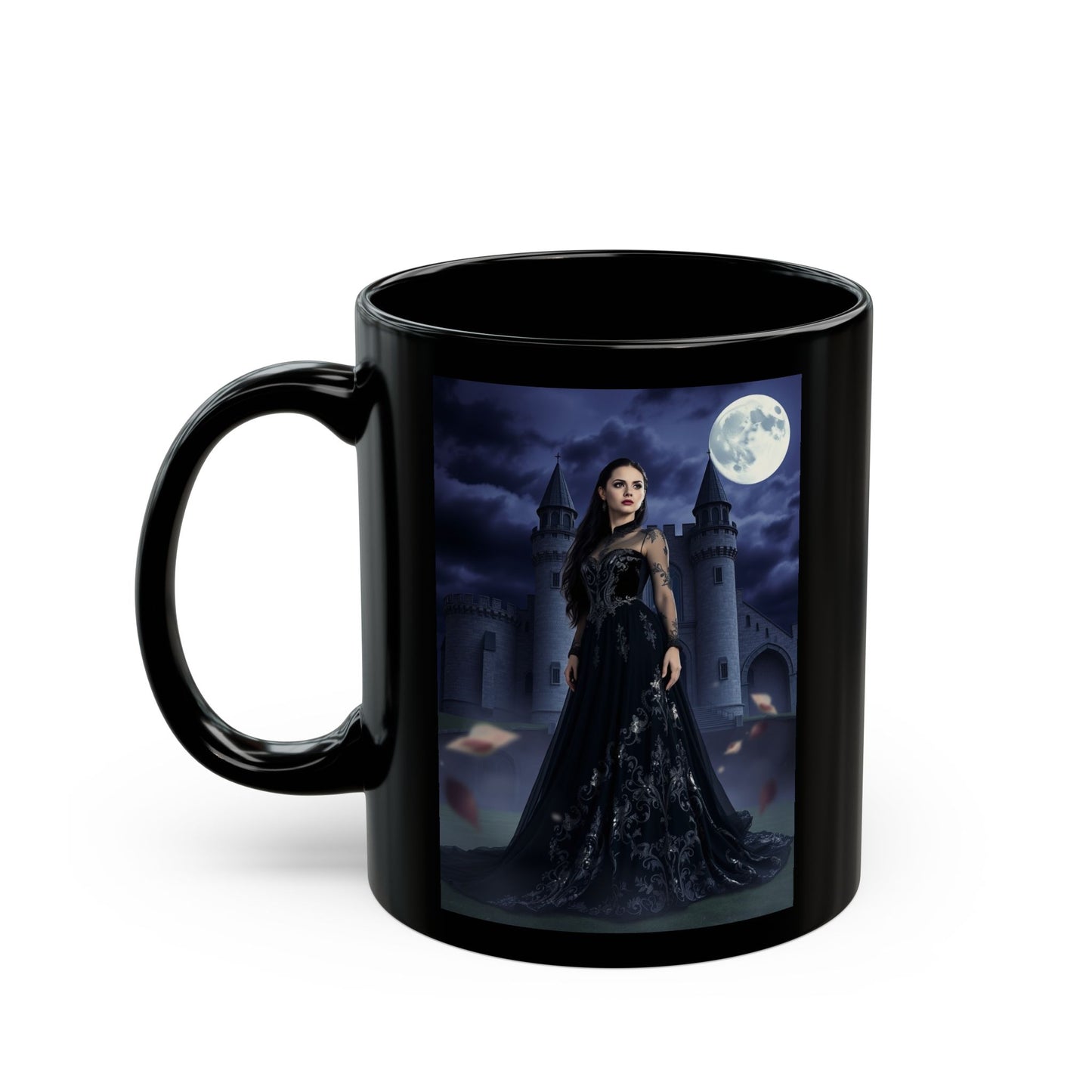 Gothic Moonlit Witch Black Coffee Mug — Dark Castle Night Scene (11oz/15oz)