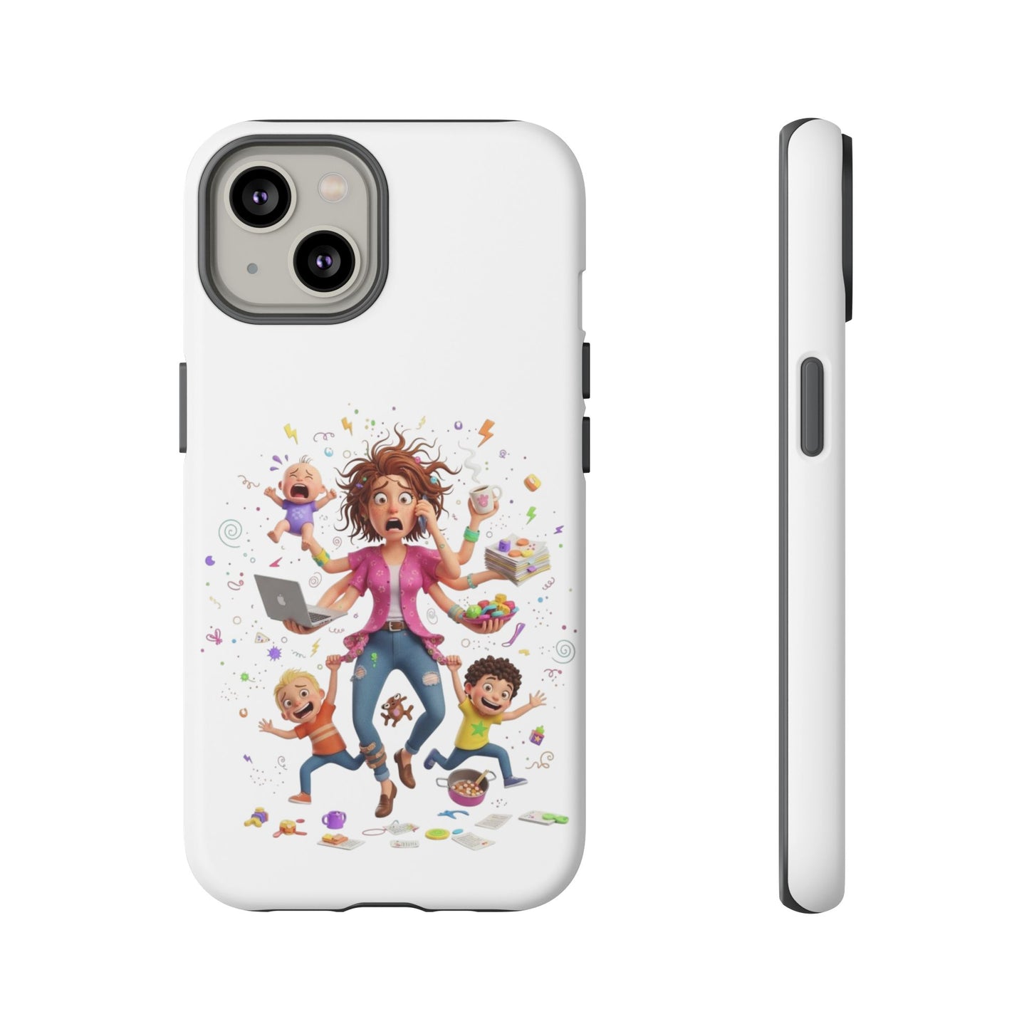 iPhone Phone Case — Hectic Mom Cartoon Design (Multitasking Mother, Kids & Chaos)