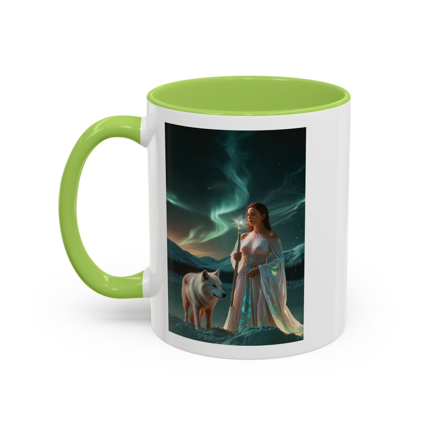 Taza de café Aurora Guardiana — Arte fantástico de mujer con lobo
