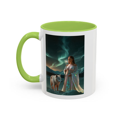 Taza de café Aurora Guardiana — Arte fantástico de mujer con lobo