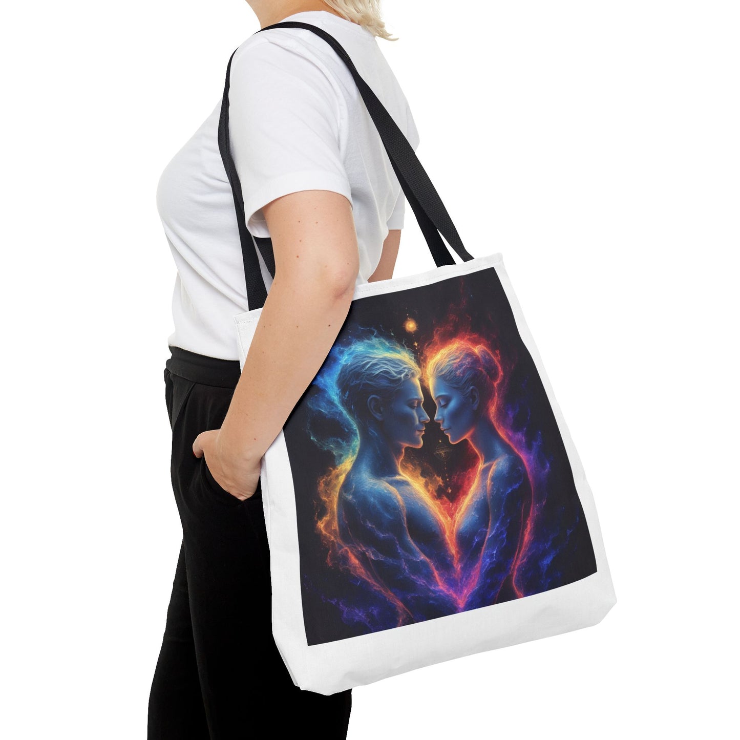 Cosmic Lovers Tote Bag — Neon Fire & Ice Couple Art AOP Tote