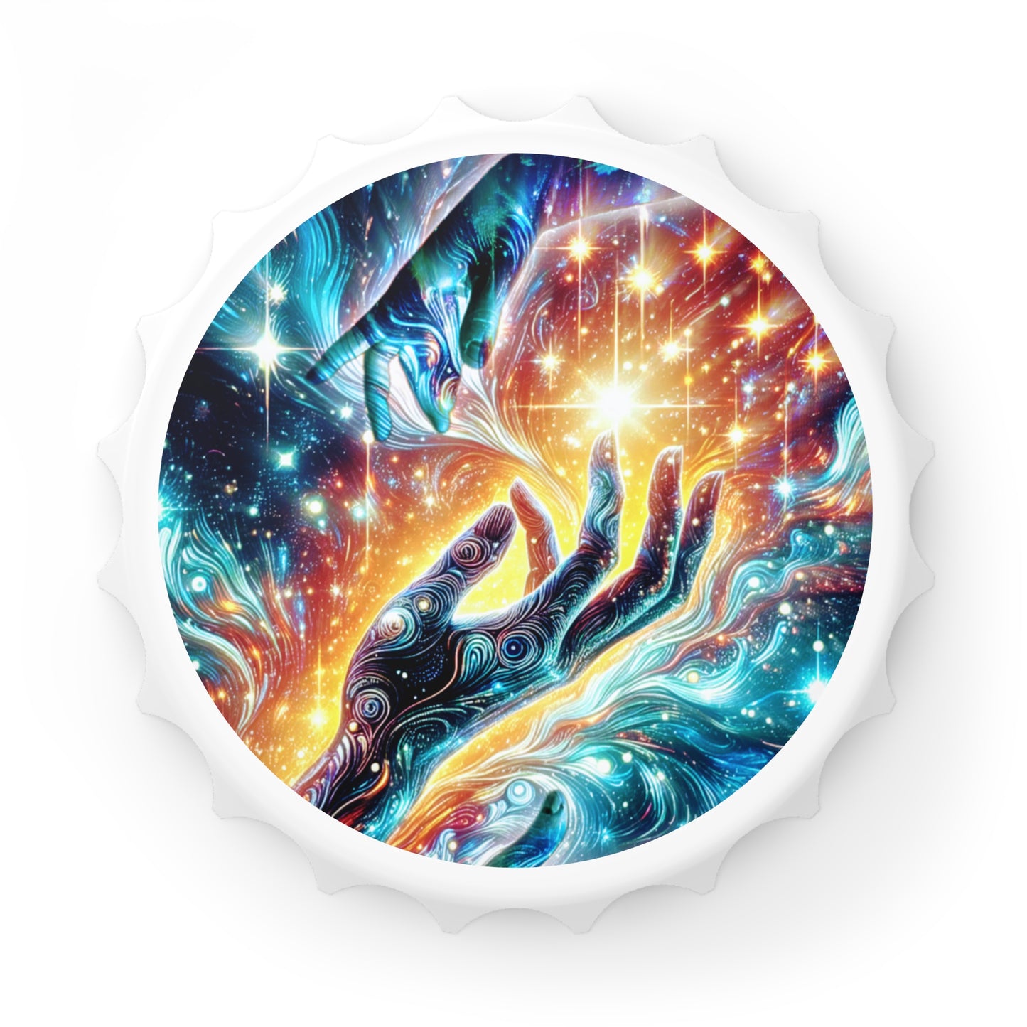 Psychedelic Cosmic Hands Bottle Opener — Colorful Starry Galaxy Design