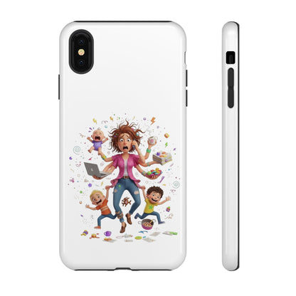 iPhone Phone Case — Hectic Mom Cartoon Design (Multitasking Mother, Kids & Chaos)