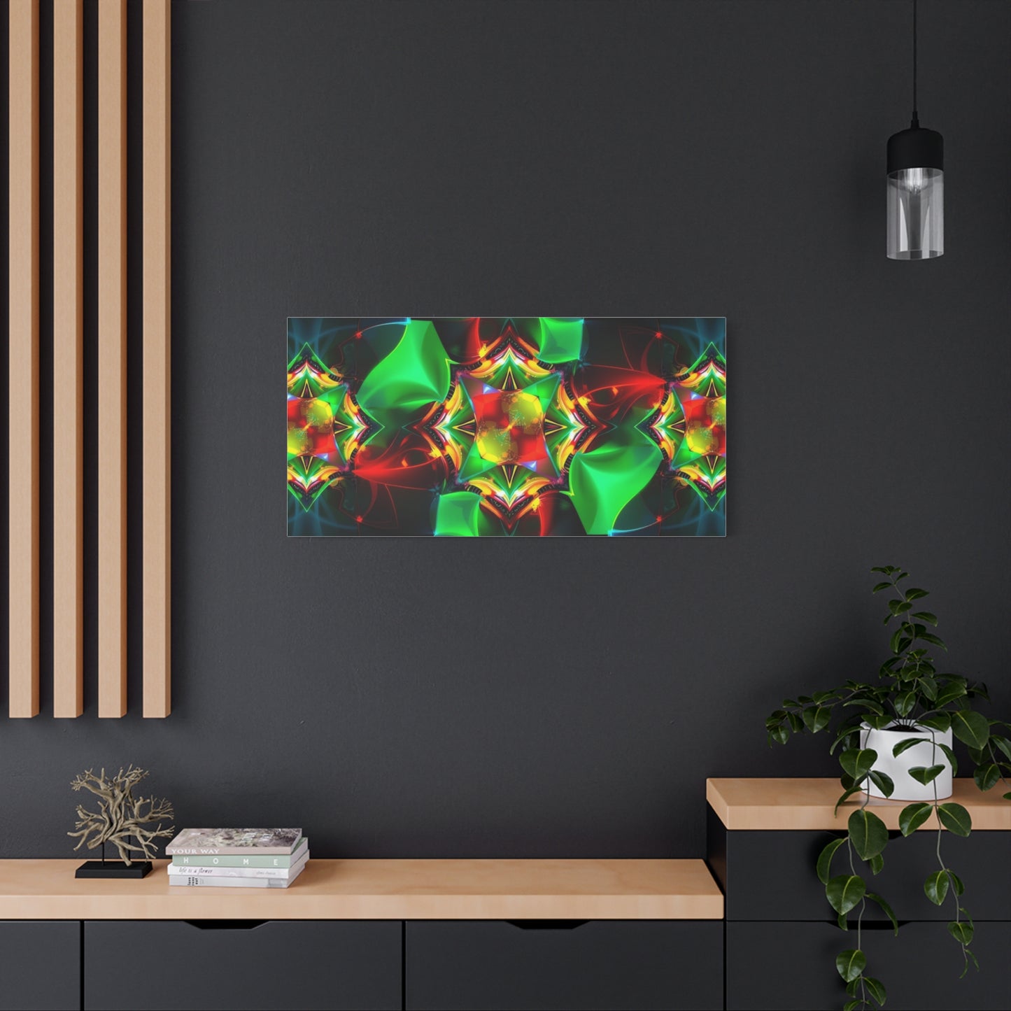 Kaleidoscope Abstract Matte Canvas Wall Art — Vibrant Green & Red Stretched Print