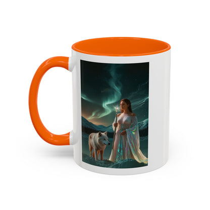 Taza de café Aurora Guardiana — Arte fantástico de mujer con lobo