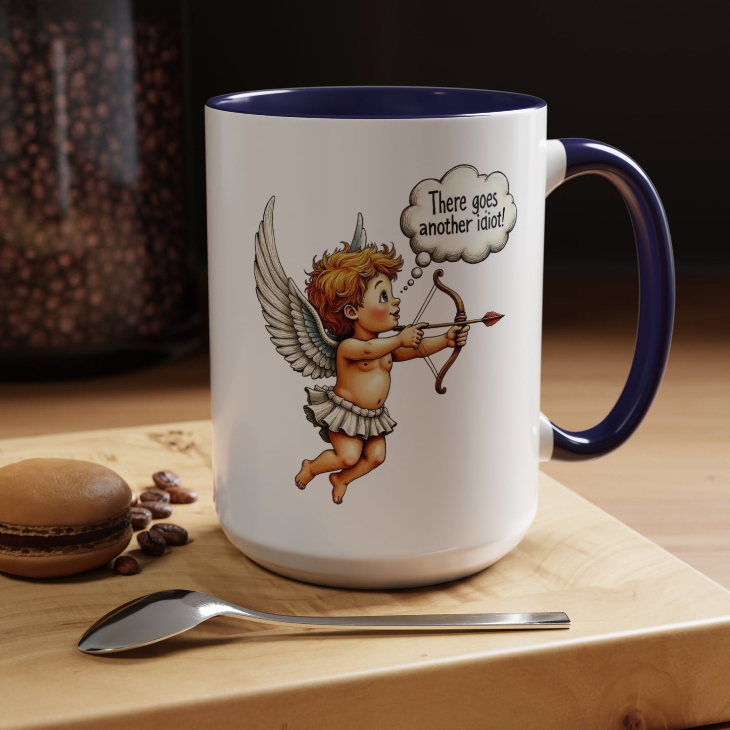 Cupid Coffee Mug — Vintage Cherub Saying "There goes another idiot!" Accent Mug