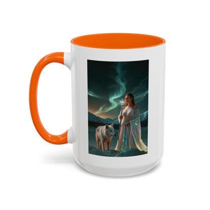 Taza de café Aurora Guardiana — Arte fantástico de mujer con lobo