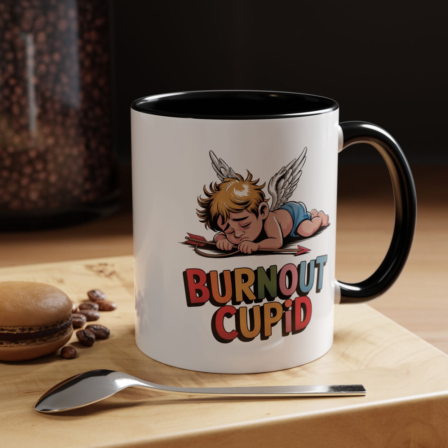 Burnout Cupid Coffee Mug — Cute Tired Cupid Accent Mug (11/15 oz)