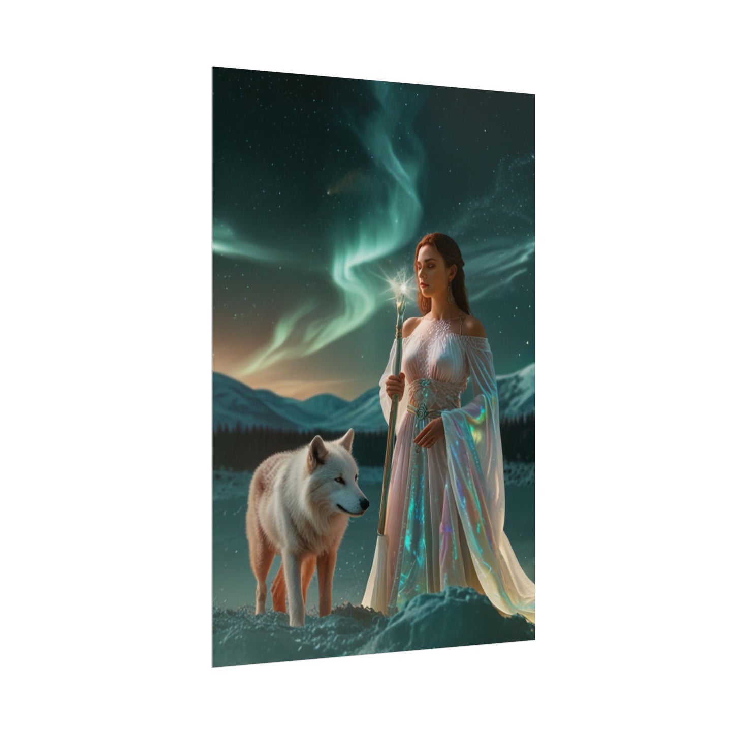 Aurora Guardian Poster – Fantasy-Frau mit weißem Wolf (Wandbild)