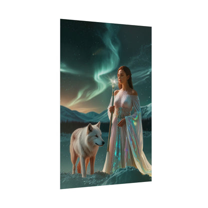 Aurora Guardian Poster – Fantasy-Frau mit weißem Wolf (Wandbild)
