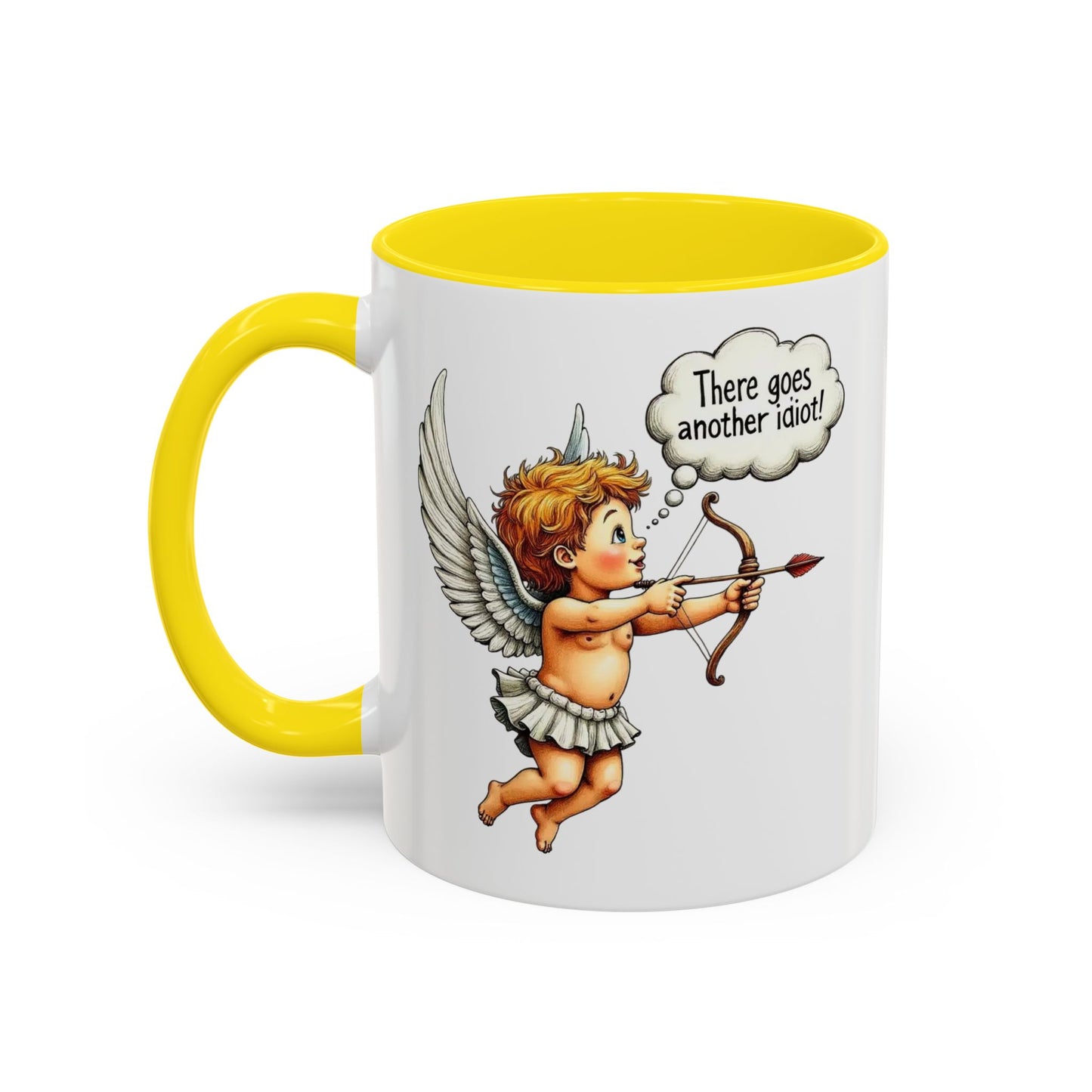 Cupid Coffee Mug — Vintage Cherub Saying "There goes another idiot!" Accent Mug