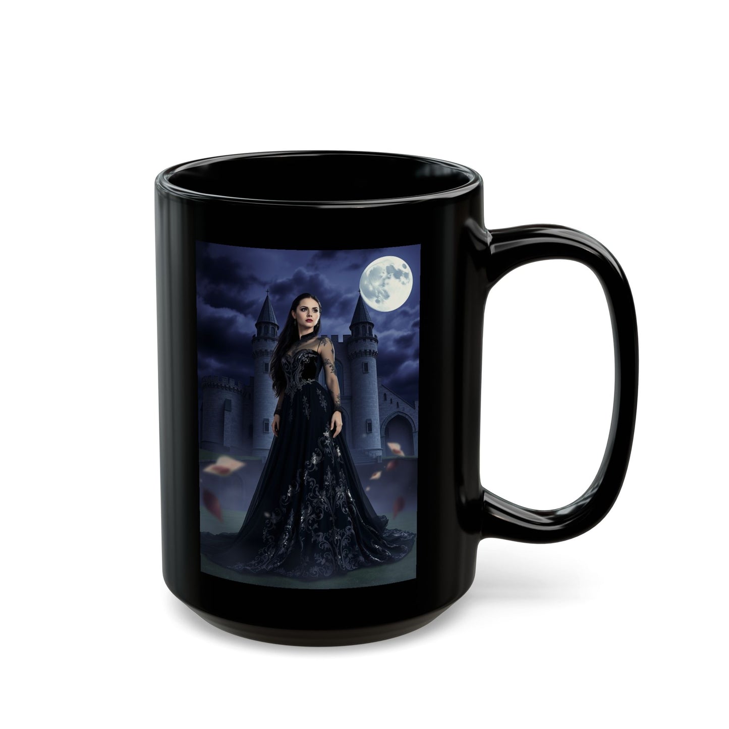 Gothic Moonlit Witch Black Coffee Mug — Dark Castle Night Scene (11oz/15oz)