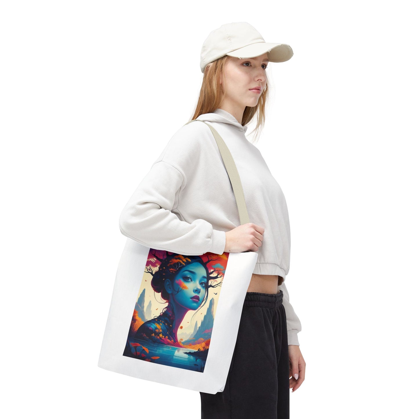 Artistic Blue Forest Maiden Tote Bag - Surreal Portrait All-Over Print